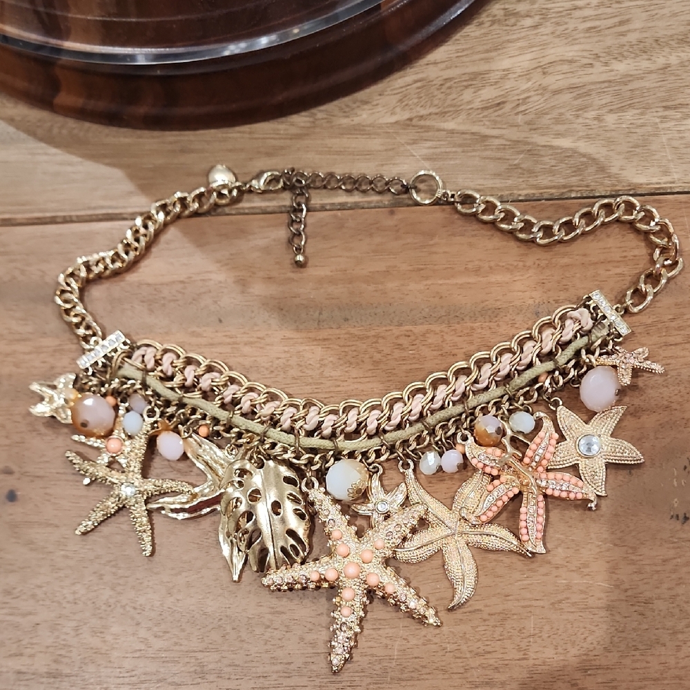 Gold Starfish Charm Necklace with Coral and Pearl Accents